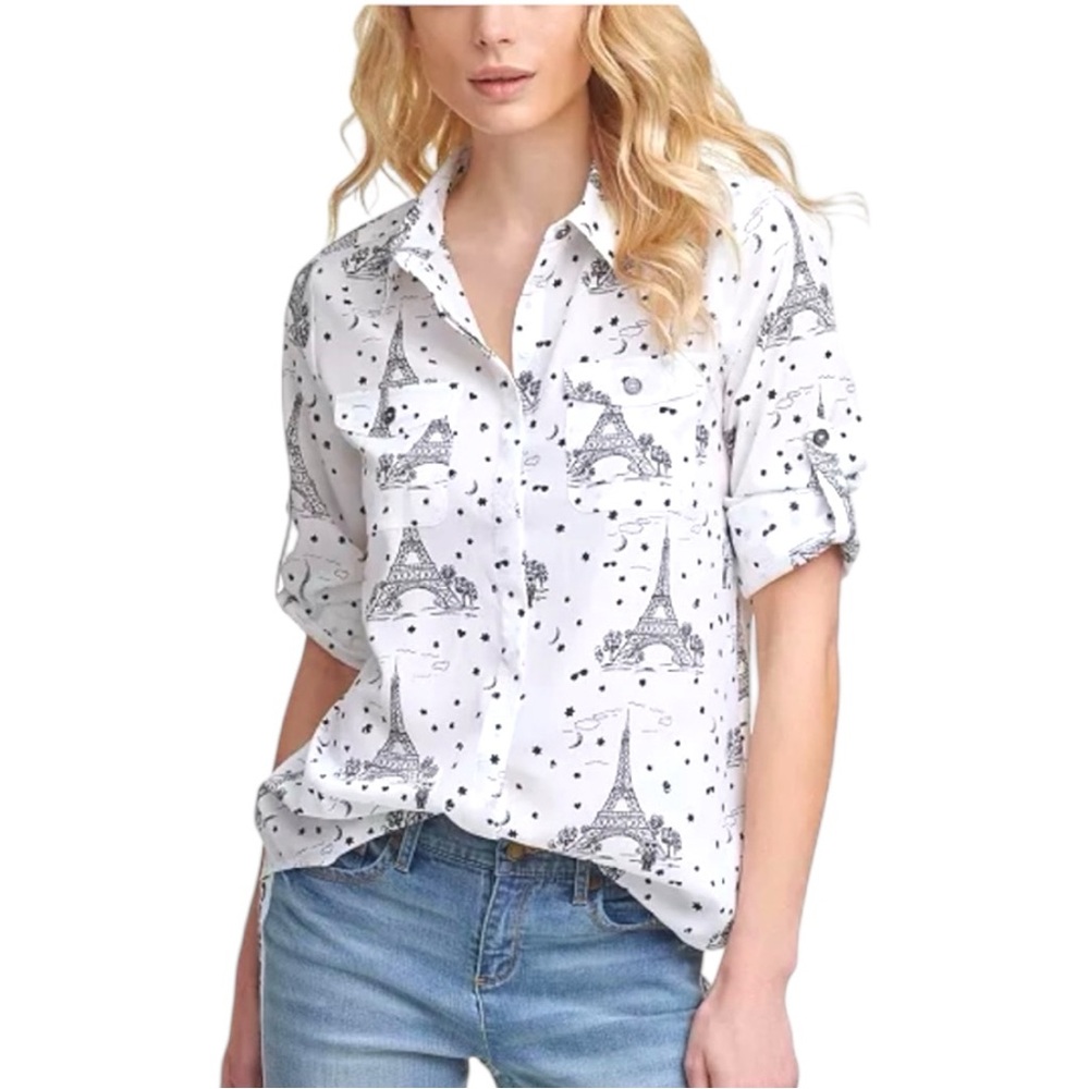 Karl Lagerfeld Paris Eiffel Tower Print Button Down Blouse XL Paris Chic Whimsy